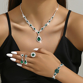 Fashionable Brass Rhinestone Bracelets & Earrings & Necklaces & Rings Sets, Teardrop