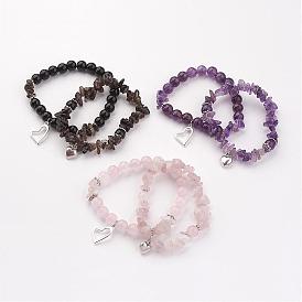 Perles de pierres précieuses naturelles s'étendent bracelets, avec pendentifs de style tibétain, cœur