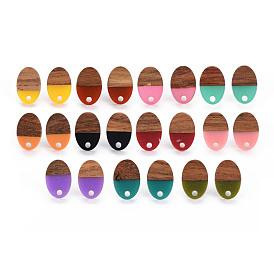 Two Tone Resin & Walnut Wood Stud Earring Findings, with 304 Stainless Steel Pin and Hole, Oval