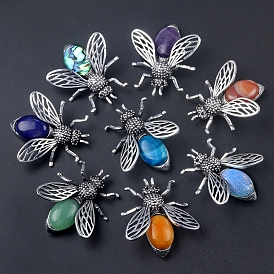 Natural Gemstone Bees Brooches, Alloy Pave Glass Rhinestone Insects Brooches, Antique Silver