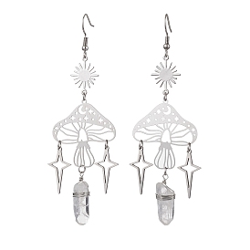 201 Stainless Steel Mushroom Dangle Earring, with Natural Quartz Crystal Pointed Beads and 304 Stainless Steel Earring Hooks