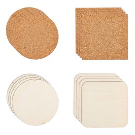 Self-Adhesive Cork Sheets, with Wood Cabochons, for DIY Coasters, Cork Board Squares