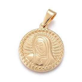 304 Stainless Steel Pendants, Flat Round with Virgin Mary