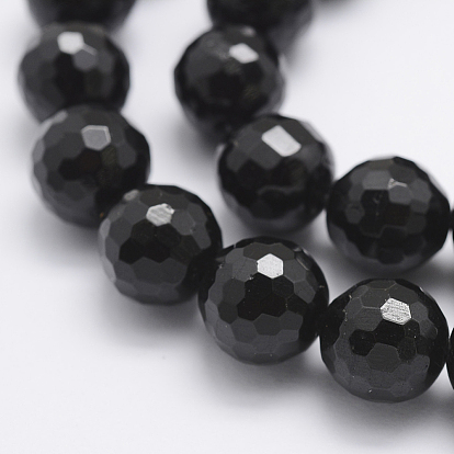 Natural Black Tourmaline Beads Strands, Grade A, Faceted Round