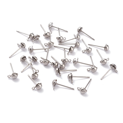 304 Stainless Steel Earring Finding, Ball Stud Earring Post, with Loop, Half Round