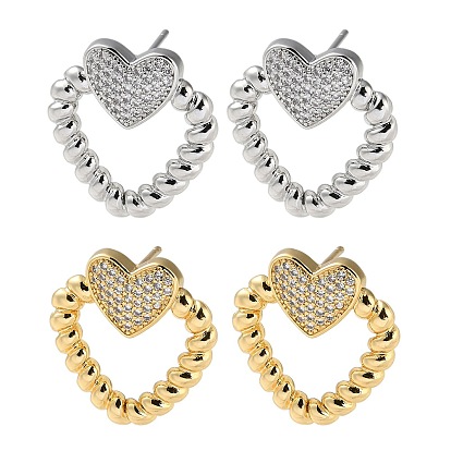 Серьги-гвоздики из латуни с паве из кубического циркония, сердце