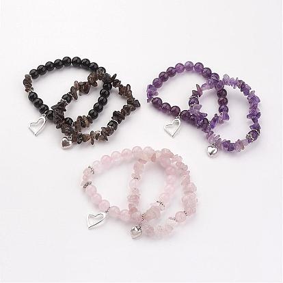 Perles de pierres précieuses naturelles s'étendent bracelets, avec pendentifs de style tibétain, cœur