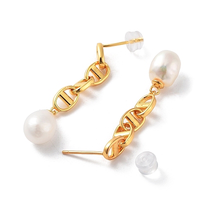 Natural Pearl Stud Earrings for Women, Sterling Silver Oval Link Dangle Earrings