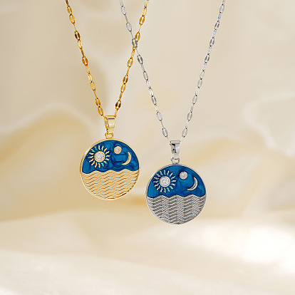 Элегантные латунные ожерелья с подвесками в виде волн, солнца и луны из морской эмали, с четким кубического циркония