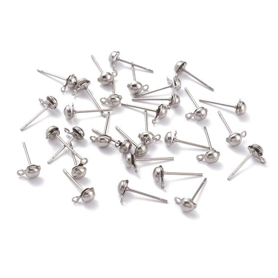 304 Stainless Steel Earring Finding, Ball Stud Earring Post, with Loop, Half Round