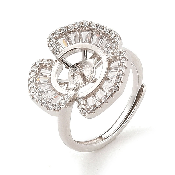 925 Sterling Silver Micro Pave Cubic Zirconia Design Ring Mounts Fittings with Pearl Seat, for Half Drilled Beads, Clover