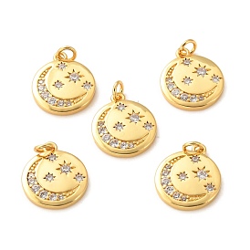 Brass Micro Pave Clear Cubic Zirconia Pendants, Long-Lasting Plated, Flat Round with Moon and Star