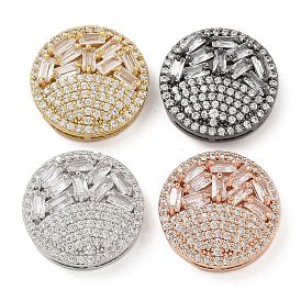 Rack Plating Brass Micro Pave Clear Cubic Zirconia Slide Charms, Long-Lasting Plated, Lead Free & Cadmium Free, Flat Round