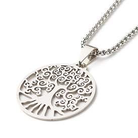 Flat Round with Tree of Life Pendant Necklace for Girl Women, 304 Stainless Steel Venetian Chain Necklace