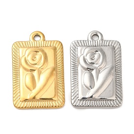 Ion Plating(IP) 304 Stainless Steel Pendants, Rectangle with Rose Charm