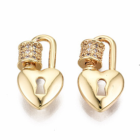 Brass Micro Pave Clear Cubic Zirconia Screw Carabiner Lock Charms, for Necklaces Making, Nickel Free, Heart Lock