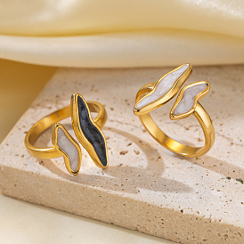 304 Stainless Steel Open Cuff Rings, Wave, with Enamel, Golden