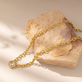 304 Stainless Steel Pave Clear Cubic Zirconia Square Pendant Necklaces for Women