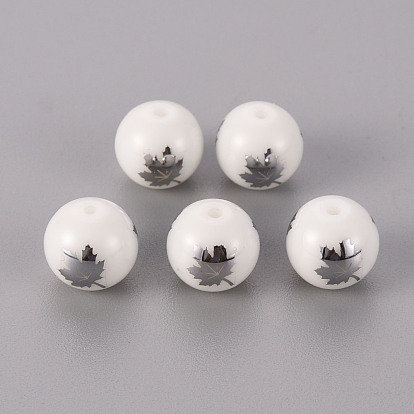 Electroplate Glass Beads, Round, Maple Leaf Pattern