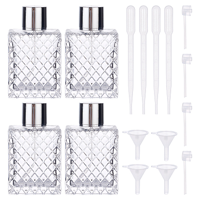 4 Pièces de flacons vaporisateurs de voyage en verre, récipient rechargeable, rectangle, 4 pcs 3 ml compte-gouttes en plastique jetable, 4Ensemble de bouchons de rechange pour flacons-pompes en plastique, 4 Trémie d'entonnoir en plastique transparent pcs