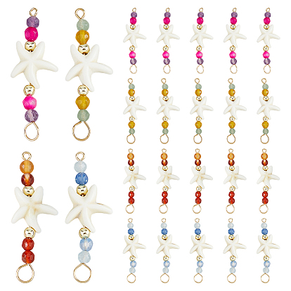 24 шт. 4 цвета летние пляжные окрашенные синтетические бирюзовые морские звезды и натуральные смешанные камни ограненные круглые бусины соединительные подвески, с 304 двойными петлями из нержавеющей стали, золотые