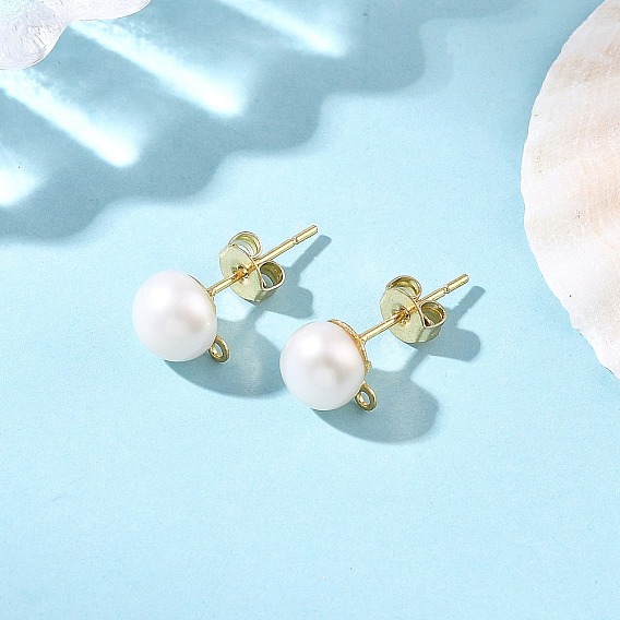 304 Stainless Steel Stud Earring Findings, Round, with Grade AAA Natural Cultured Freshwater Pearl Beads, with Loop