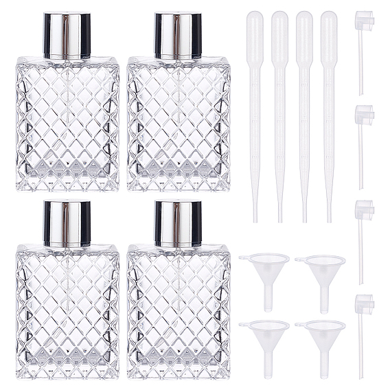 4unidades de botellas de vidrio con atomizador para viaje, contenedor recargable, Rectángulo, 4 piezas 3 ml gotero de plástico desechable, 4Juego de tapas de repuesto para botellas con bomba de plástico, tolva de embudo de plástico transparente
