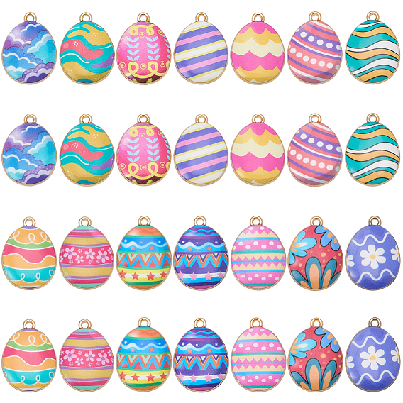 28Pcs 14 Colors Printed Alloy Pendants, Oval Charms