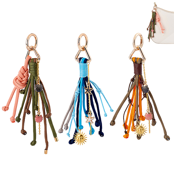 3Pcs Polyester & Brass & Alloy Enamel Pendant Decorations, Sun & Shell Shape & Starfish, with Alloy Spring Gate Rings