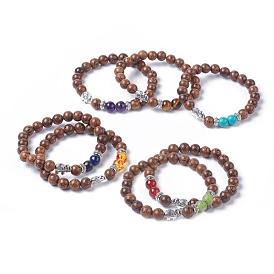 Cuentas redondas de madera teñida pulseras elásticas, pulseras apilables, con cuentas de piedras preciosas / resina naturales y sintéticas, perlas de elefante chapadas en plata antigua de estilo tibetano y perlas espaciadoras