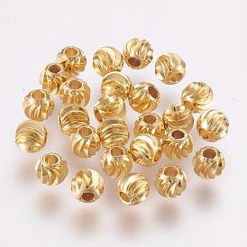 Brass Beads, Long-Lasting Plated, Round with Corrugated