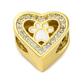 Rack Plating Brass Micro Pave Cubic Zirconia Beads with Enamel, Long-Lasting Plated, Cadmium Free & Lead Free, Heart with Paw