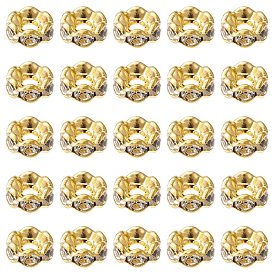 Brass Rhinestone Spacer Beads, Grade A, Wavy Edge, Rondelle, Golden