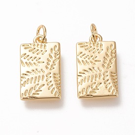 Brass Pendants, with Jump Rings, Long-Lasting Plated, Rectangle with Leaf