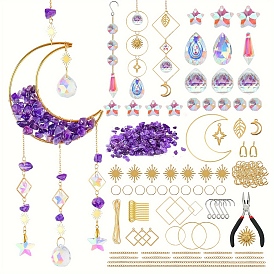 DIY Natural Amethyst Chips & Moon Suncatchers Making Kits, Including Metal Chains & Pendant & Connector Links, Glass Link & Charms