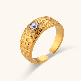 Vintage Stainless Steel 18K Gold Plated Moon Surface Ring with Zirconia - European and American Style Jewelry