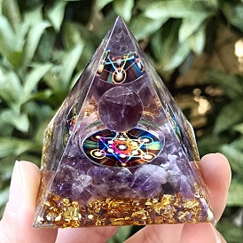 Orgonite Pyramid Resin Energy Generators, Reiki Natural Amethyst Chips Inside for Home Office Desk Decoration