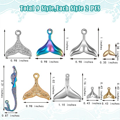 18Pcs 9 Style Eco-Friendly Brass and 304 Stainless Steel Charms, Tibetan Style Alloy Pendants, Fishtail and Mermaid