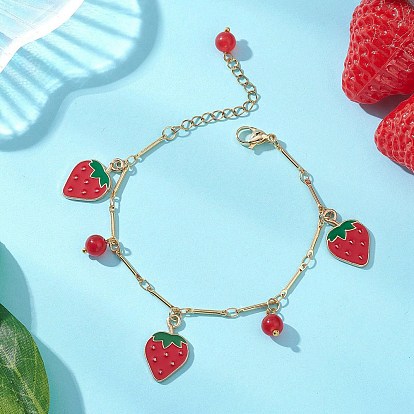 Браслеты с подвесками из эмалевого сплава с клубникой, браслеты-цепочки из латуни для женщин, с натуральным и окрашенным малайзийским нефритом