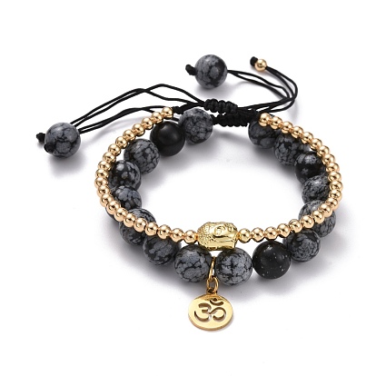 Round Natural Snowflake Obsidian Braided Beded Bracelets Set, Buddha Head & Om Symbol Charm Bracelets, Buddhist Jewelry, Real 18K Gold Plated