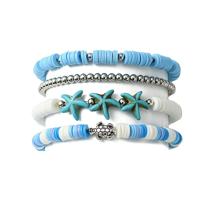 4Pcs 4 Styles Polymer Clay Heishi Surfer Stretch Bracelets Set, Synthetic Turquoise Starfish & Alloy Tortoise Stackable Bracelets