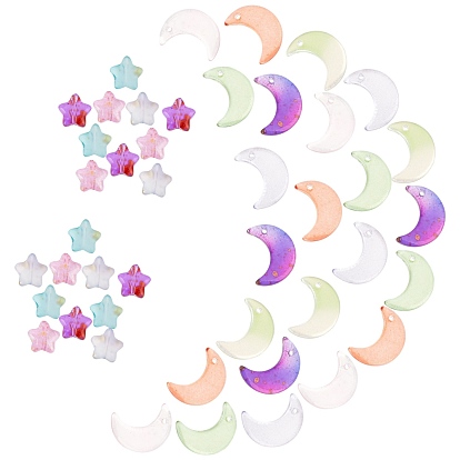100Pcs 10 Style Glass Beads, with Glitter Powder, Top Drilled, Moon & Star