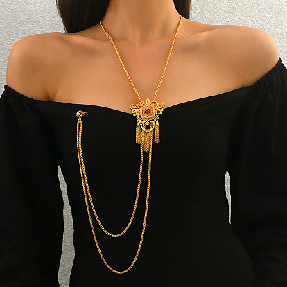 Винтажная готическая латунная брошь-лариат с длинной кисточкой и кубическими цирконами в цветочек, золотые