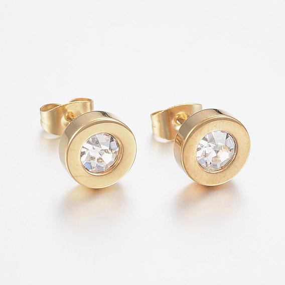 304 Stainless Steel Stud Earrings, with Rhinestone, Flat Round