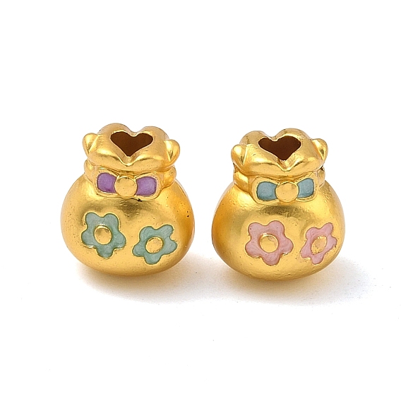 Эмали сплава Европейский бисером, мешок для денег с цветочным узором, матовый золотой цвет, бусины с большим отверстием