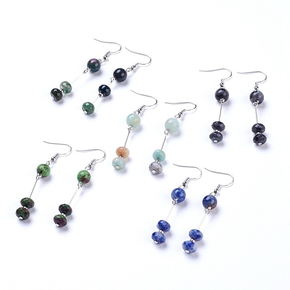 Gemstone Dangle Earrings, with 201 Stainless Steel Beads and Brass Earring Hooks, Platinum
