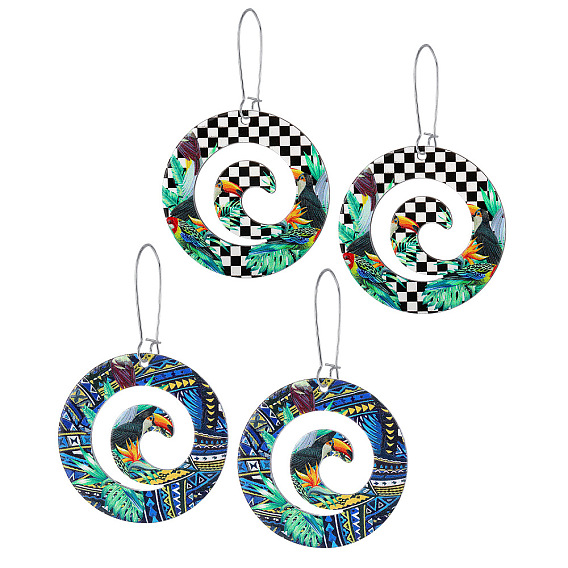 Geometric Circle Acrylic Earrings with Black and White Checkered Bird Pattern, Ethnic Style Ear Drops Jewelry.