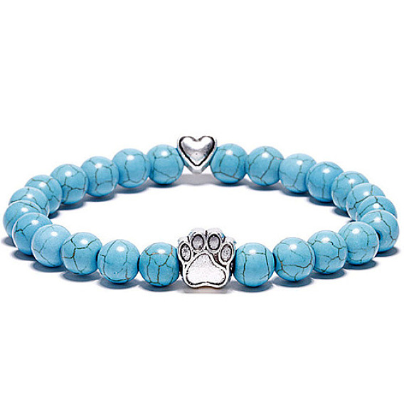 Natural & Synthetic Gemstone Bead Stretch Bracelets for Women Men, Heart & Paw Print