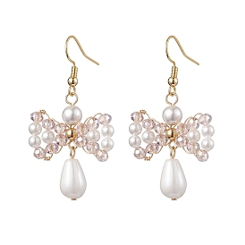 Bowknot Shell Pearl Dangle Earrings, Brass Jewely for Women