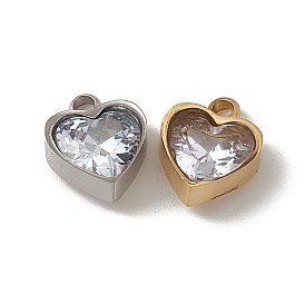 Vacuum Plating 201 Stainless Steel Charms, Clear Glass Heart